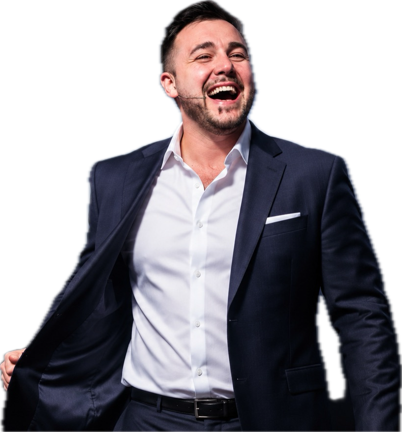 Chris Michael laughing in a navy suit