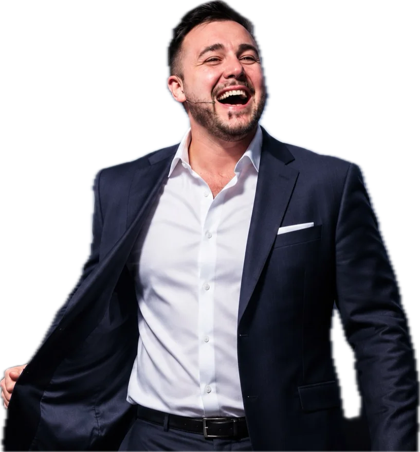 Chris Michael laughing in a navy suit